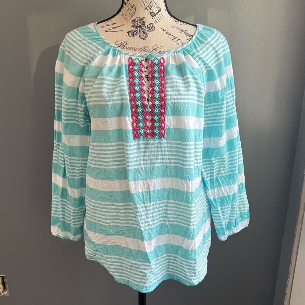 Talbots white and blue striped super lightweight pink beaded long sleeve blouse